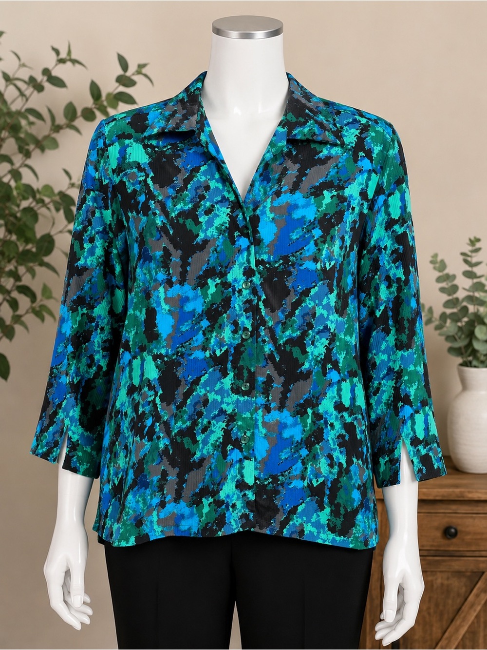 Donnkenny Classics XL Abstract Button Front Blouse Blue Green 3/4 Sleeve
